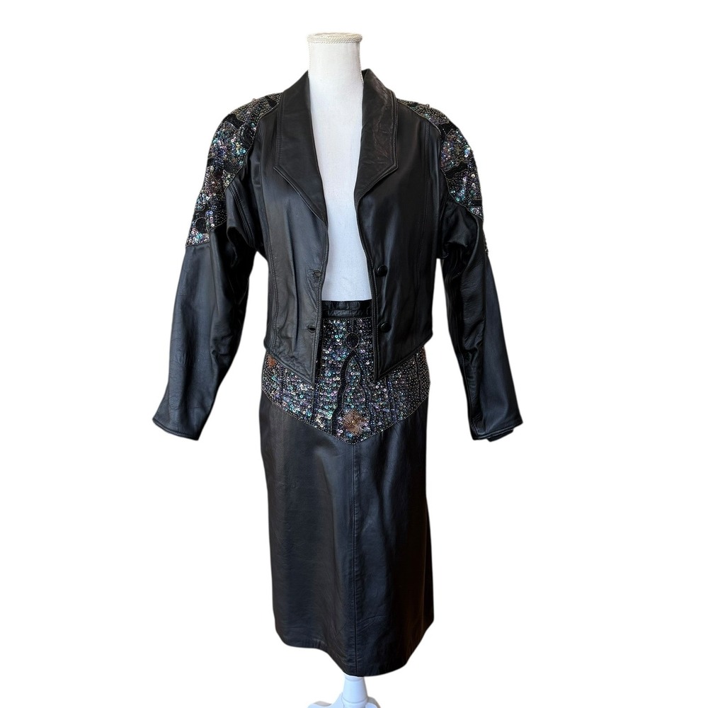 Vintage Black Leather Jacket Skirt Set Beaded Sequin Embellished Retro L